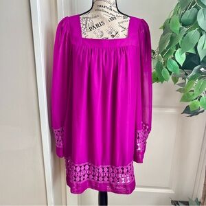 Xoxo Y2K Vintage Square Neck Crochet Detail Wide Sleeve Dress Fuchsia Sz S